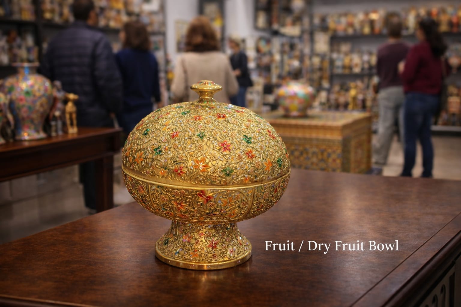 Hand Painted Fruit Bowl, handmade kashmiri Paper Mache Bowl with Lid 